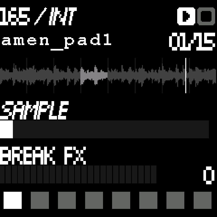 The KorePad LCD in mode 0: tempo, loaded sample, waveform, the Sample and Break FX bars and the eight mode squares